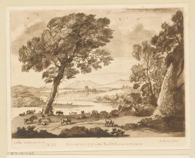 Landschap met geiten en fluitspelende herder bij een meer