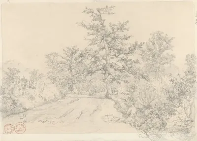 Landschap met geknielde man op de voorgrond