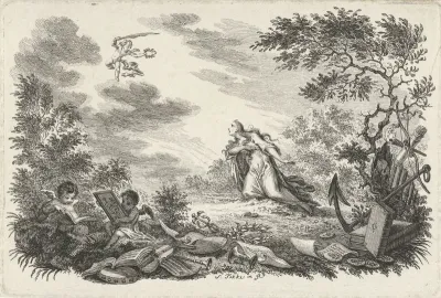 Landschap met geknielde vrouw en putti