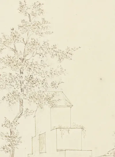 Landschap met geometrisch bouwwerk