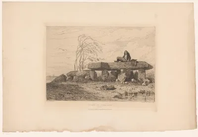 Landschap met gestapelde rotsblokken en rustende man