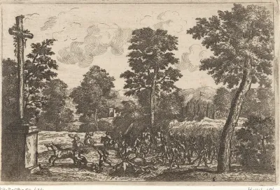 Landschap met gevecht tussen de cavalerie en infanterie