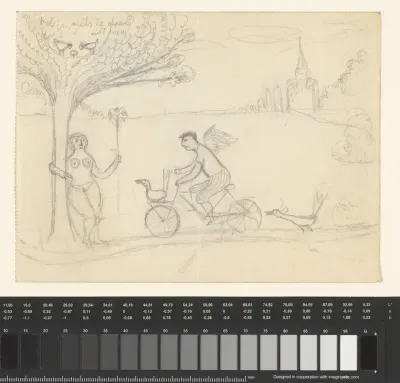 Landschap met gevleugelde man op een fiets bij een naakte vrouw met staf in haar handen
