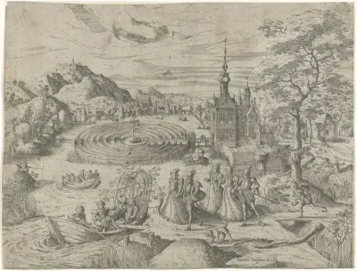 Landschap met gezelschap dat in een boot stapt