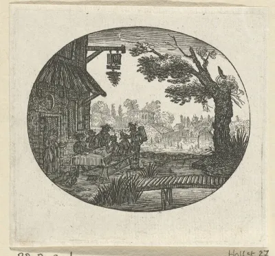 Landschap met gezelschap voor een tafel