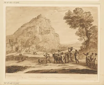 Landschap met gezicht op Delphi en processie