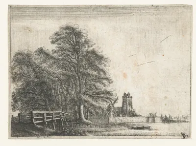 Landschap met gezicht op Dordrecht rechts