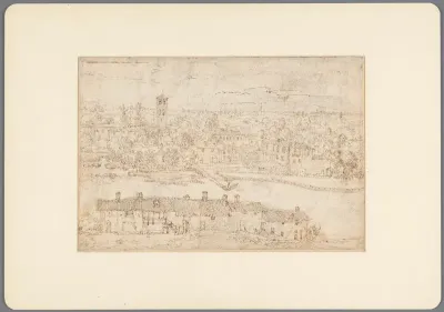 Landschap met gezicht op dorp aan rivier