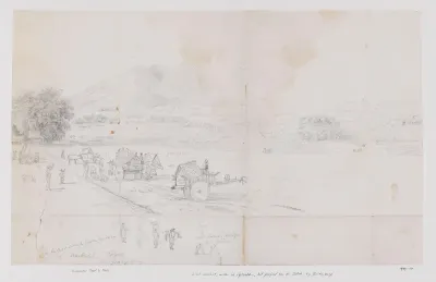 Landschap met gezicht op rijstvelden en een berg, West-Java