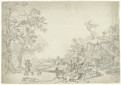 Landschap met gezin voor boerderij