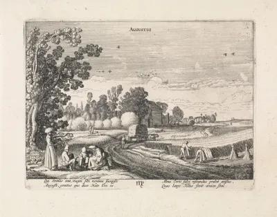 Landschap met graanoogst: augustus