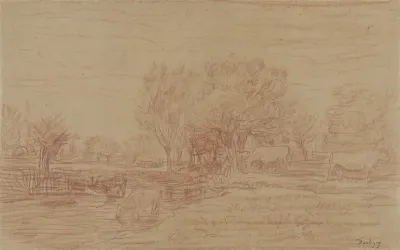 Landschap met grazende en drinkende koeien en een toekijkende stier