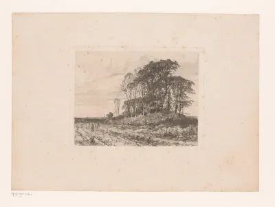 Landschap met groep bomen en koeherder