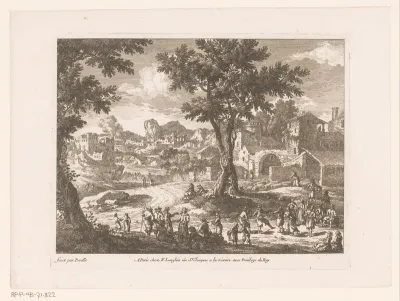 Landschap met groep dansende en pratende mensen