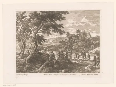 Landschap met groep kegelende mannen