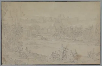 Landschap met groep personen op de voorgrond