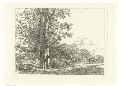 Landschap met grote beukeboom en ruiter in gesprek met man