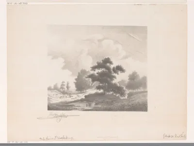 Landschap met grote boom en herder