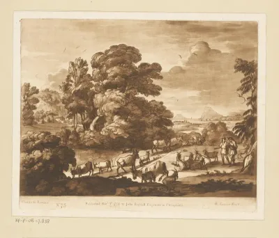 Landschap met grote boom en twee herders met vee