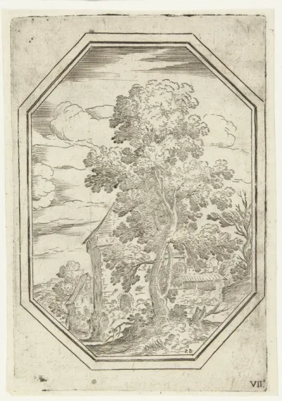 Landschap met grote boom in octagonaal kader