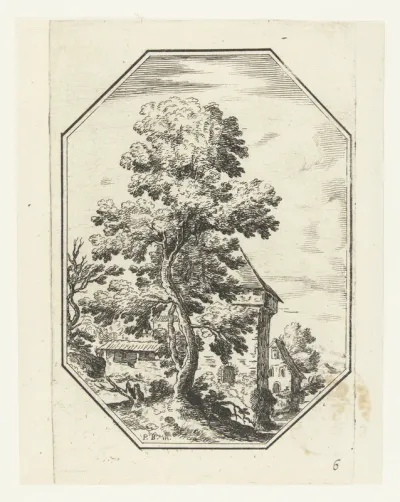 Landschap met grote boom in octagonaal kader