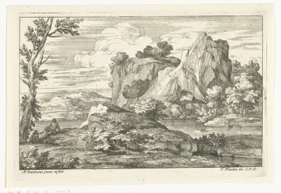 Landschap met grote rots bij een rivier