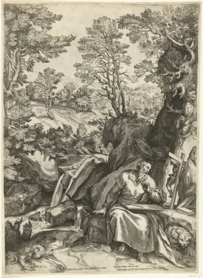 Landschap met H. Hieronymus die de bijbel vertaalt