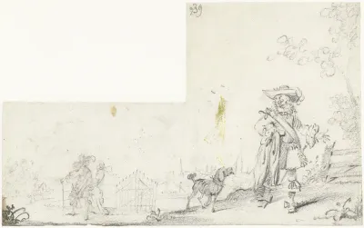 Landschap met heer en zijn hond, op de achtergrond een paar geliefden