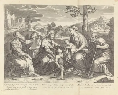 Landschap met Heilige Familie en andere heiligen