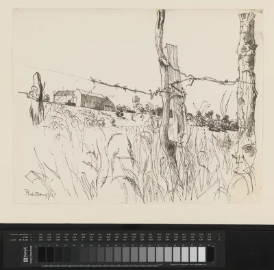 Landschap met hek van prikkeldraad en een boerderij