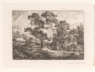 Landschap met hekwerk en herders met vee