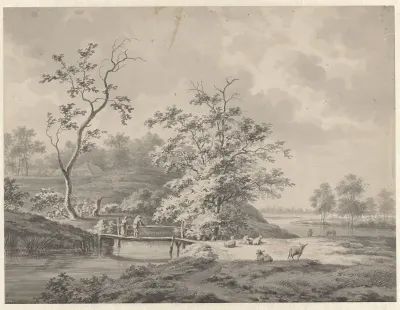 Landschap met hengelaar en vrouw op een houten bruggetje