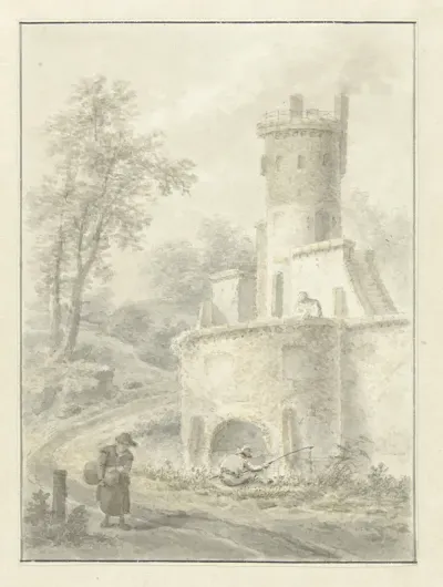 Landschap met hengelaar en wandelende vrouw bij een vestingtoren