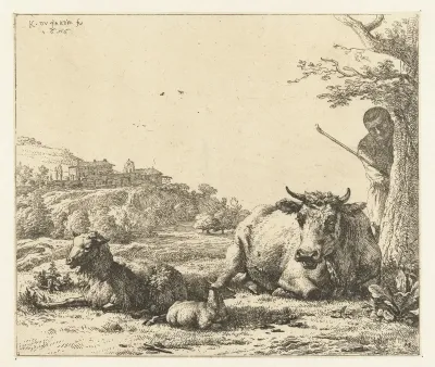 Landschap met herder achter boom en liggende koe met schaap en lam