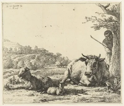 Landschap met herder achter een boom en liggende koe met schaap en lam