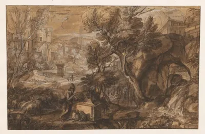 Landschap met herder bij antieke sarcofaag