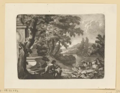 Landschap met herder die de schalmei bespeelt aan een oever