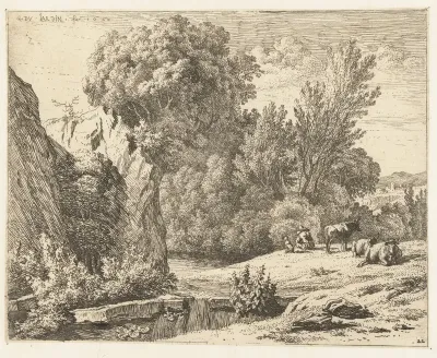 Landschap met herder en drie koeien