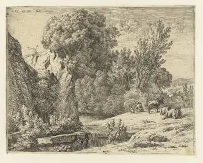 Landschap met herder en drie koeien
