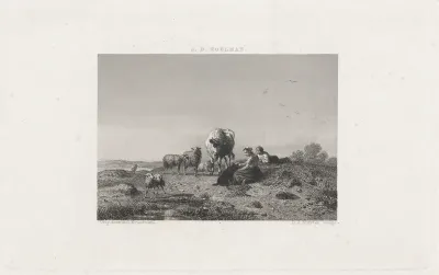 Landschap met herder en herderin bij een kudde schapen en een koe