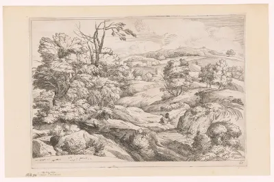 Landschap met herder en herderin bij hun kudde schapen