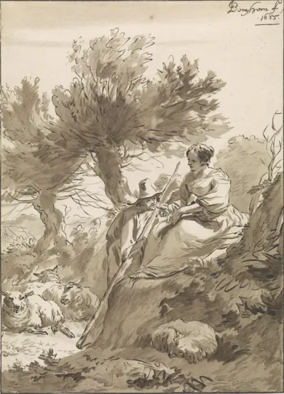 Landschap met herder en herderin en hun schapen