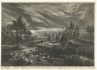 Landschap met herder en kudde schapen