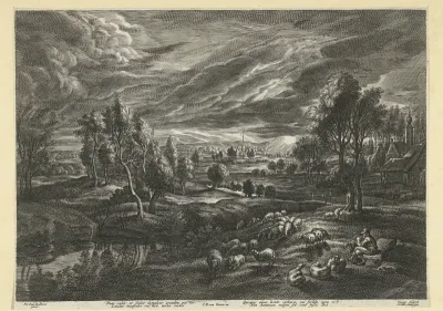Landschap met herder en kudde schapen