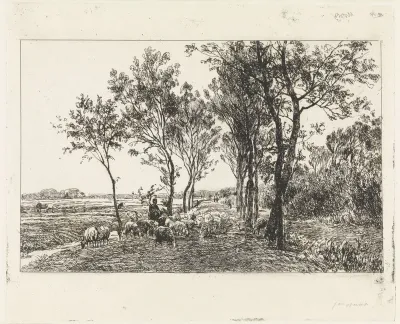 Landschap met herder en kudde schapen