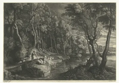 Landschap met herder en kudde schapen bij water