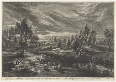 Landschap met herder en kudde schapen