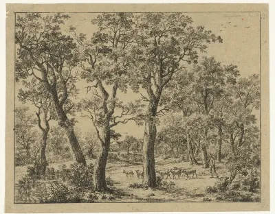 Landschap met herder en schapen bij een water
