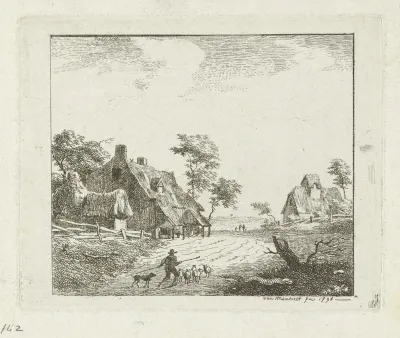 Landschap met herder en schapen bij twee boerderijen