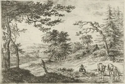 Landschap met herder en twee koeien bij een waterplas